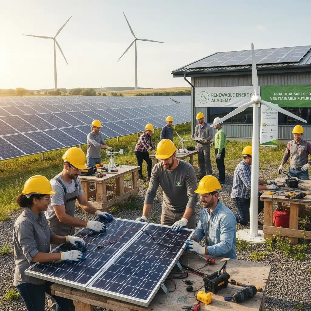 Workers learning renewable energy skills, practical training program