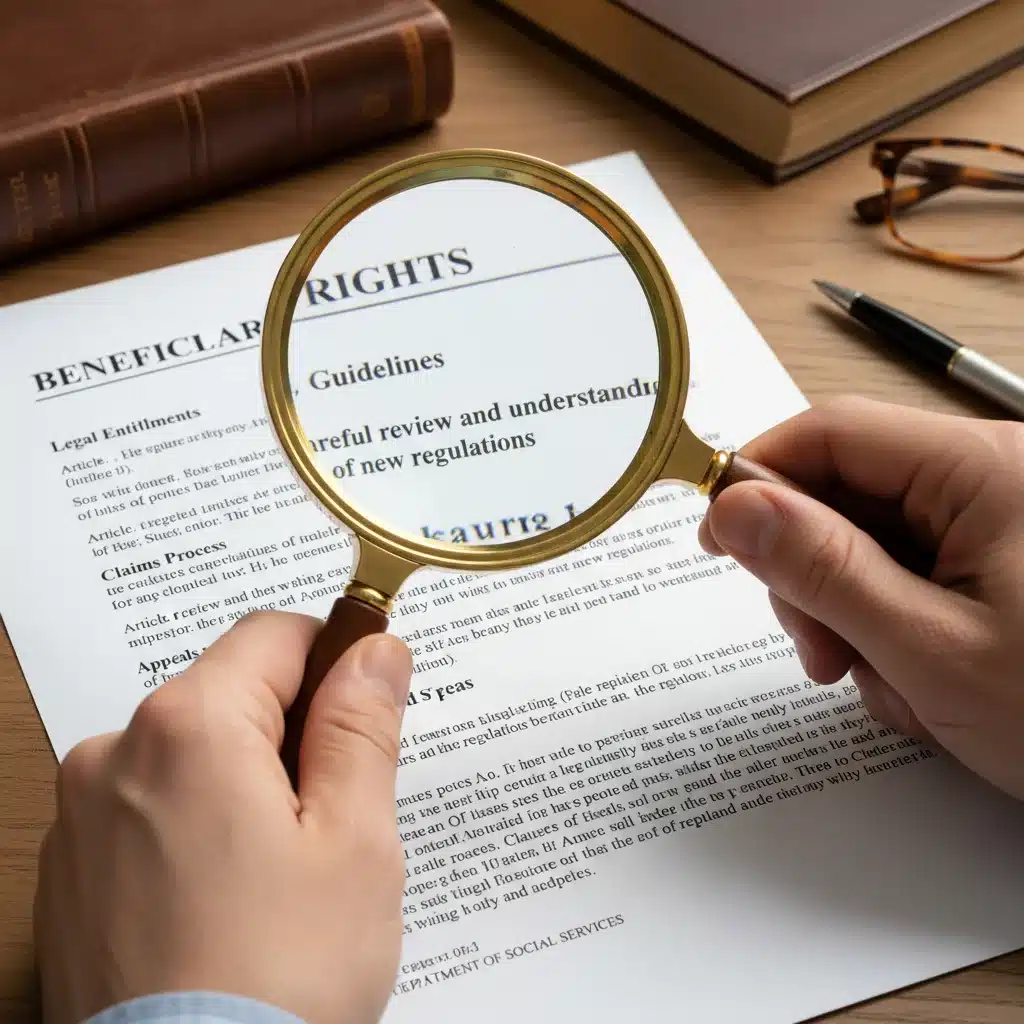 Hands with magnifying glass reviewing beneficiary rights document.