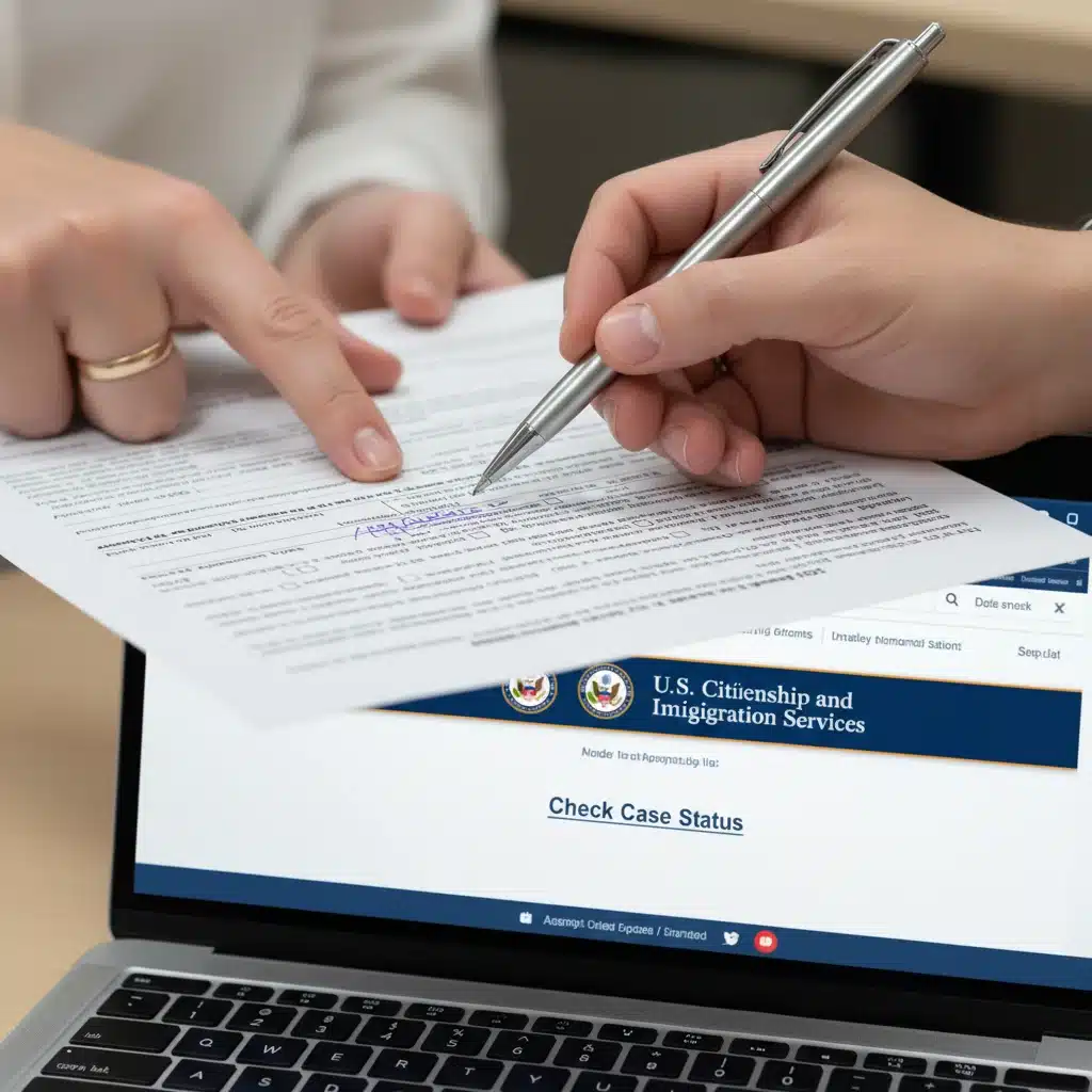 Hands reviewing complex immigration legal documents and forms.