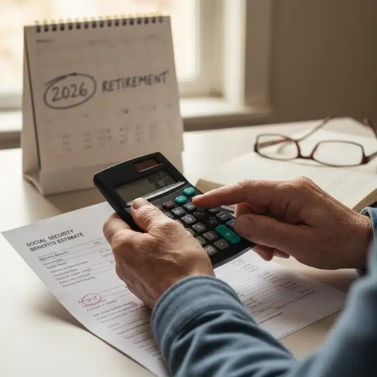 Senior hands calculating Social Security benefits with 2026 calendar