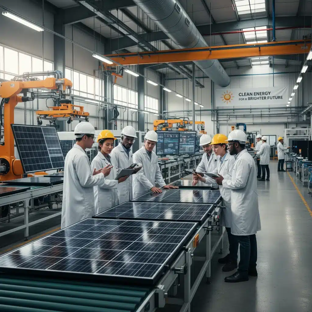 Engineers and technicians working in a solar panel manufacturing facility