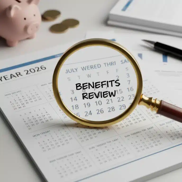 Calendar page for 2026 with a magnifying glass, symbolizing future SSI benefit analysis.