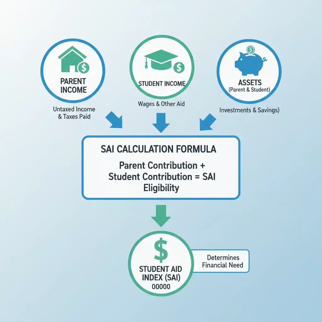 Infographic explaining Student Aid Index (SAI) calculation with income and asset inputs.