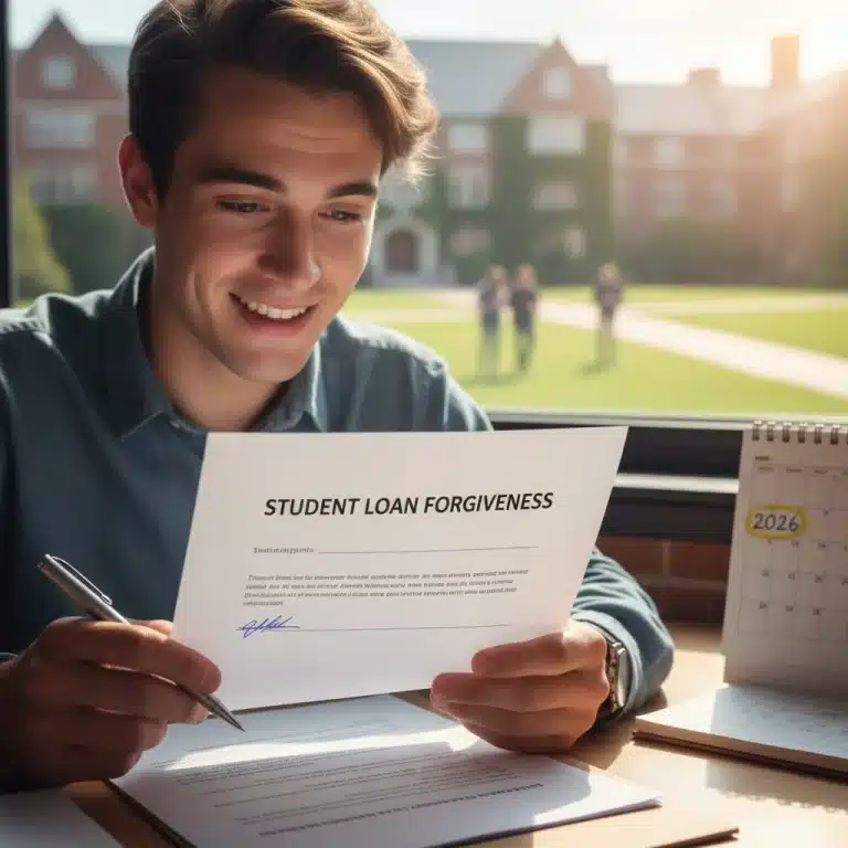Person reviewing student loan forgiveness documents with 2026 calendar