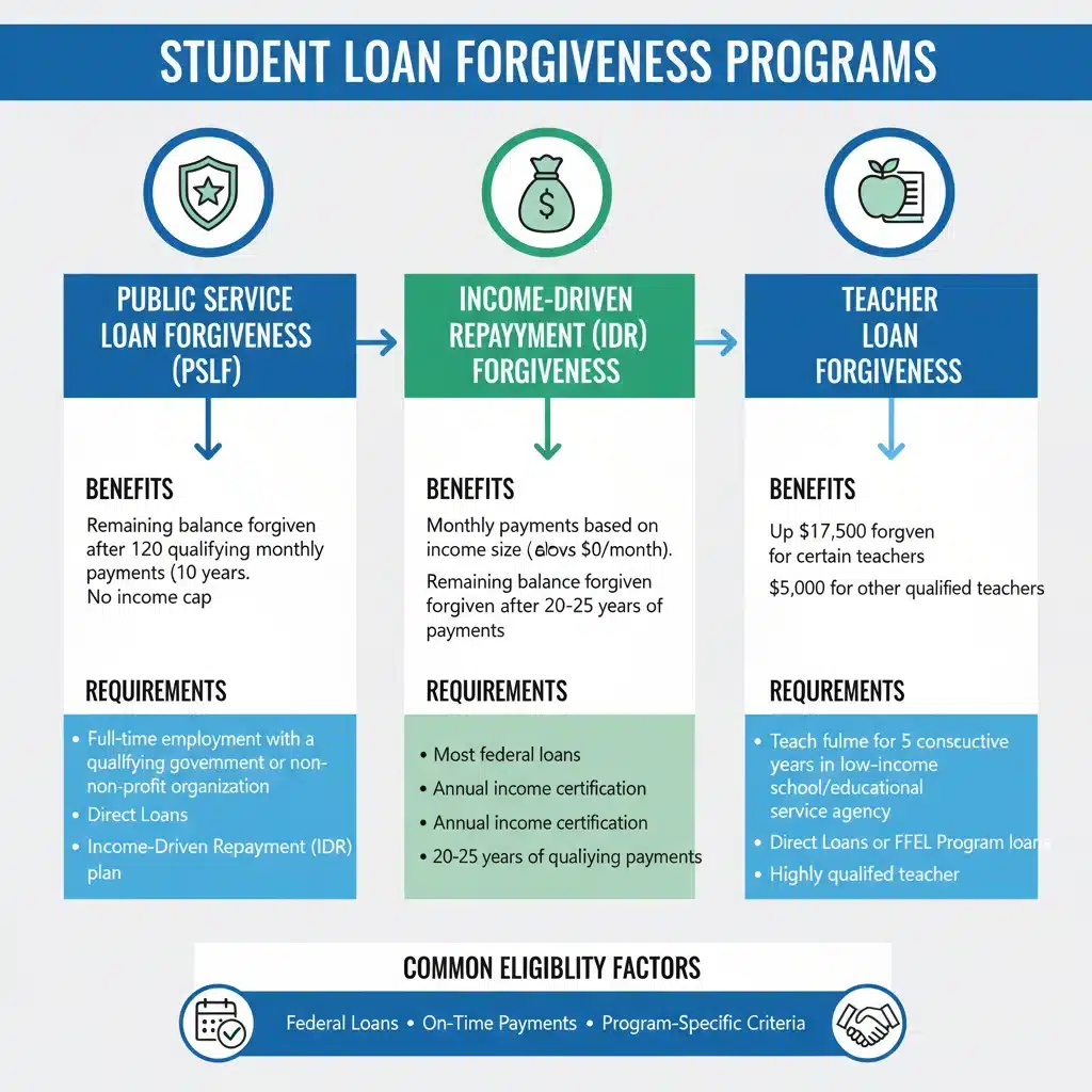 Infographic detailing various student loan forgiveness programs and their criteria