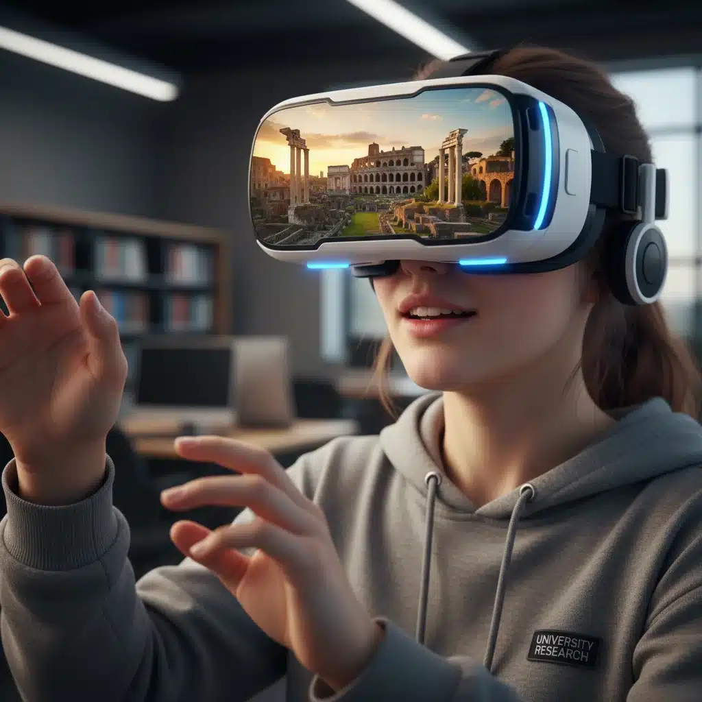 Student deeply engaged in a virtual reality learning experience, exploring historical sites.