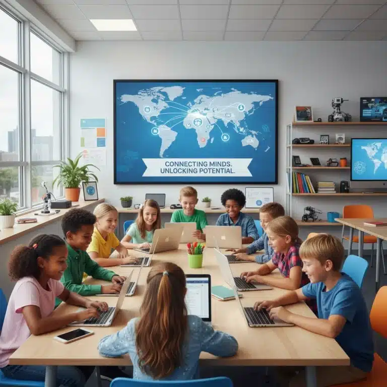Diverse students using laptops with internet access in a modern classroom, symbolizing federal programs bridging the digital divide.