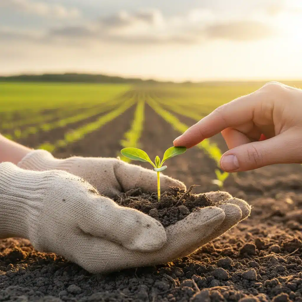 Hands tending to a healthy crop seedling in rich soil