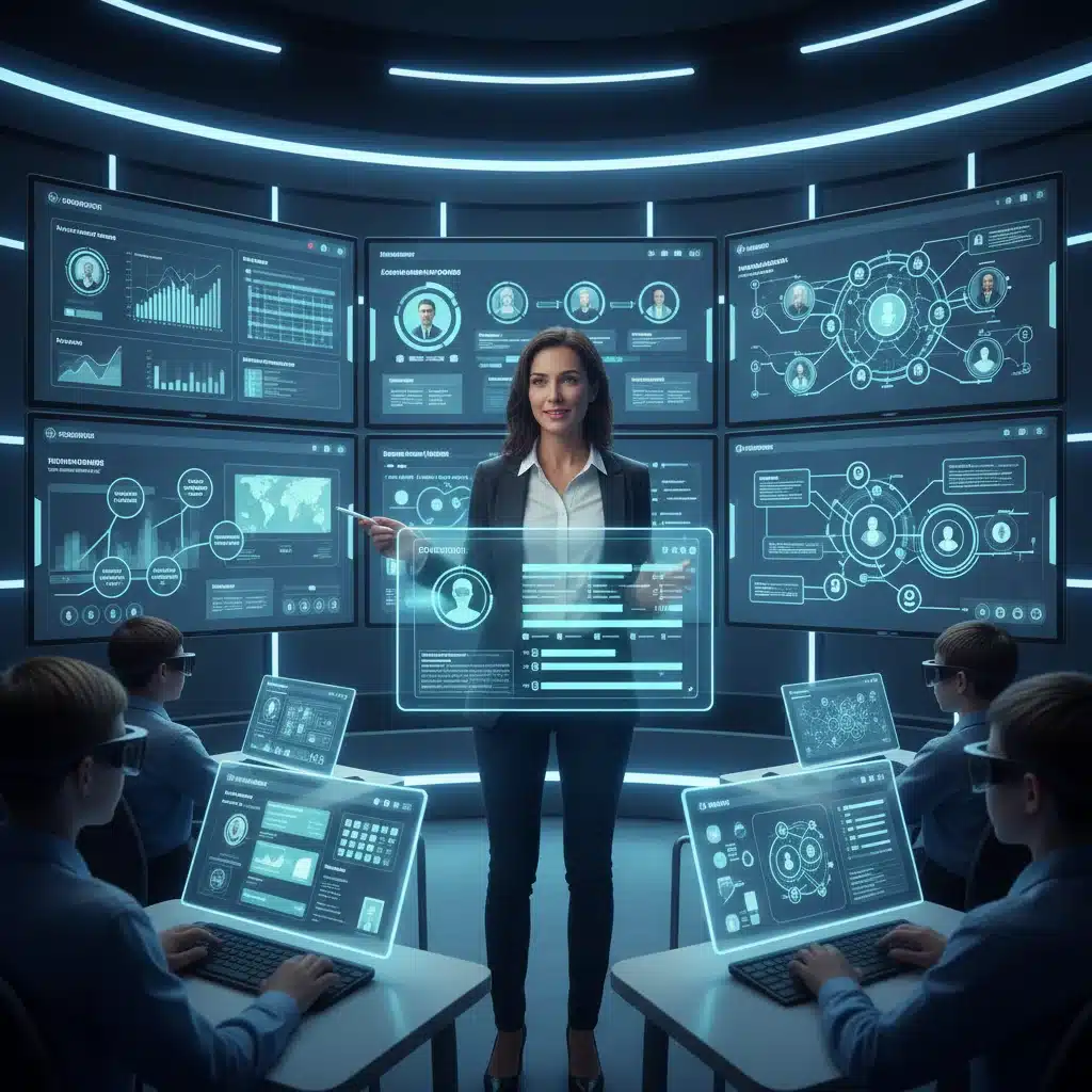 Teacher managing a digital classroom with AI-powered learning platforms