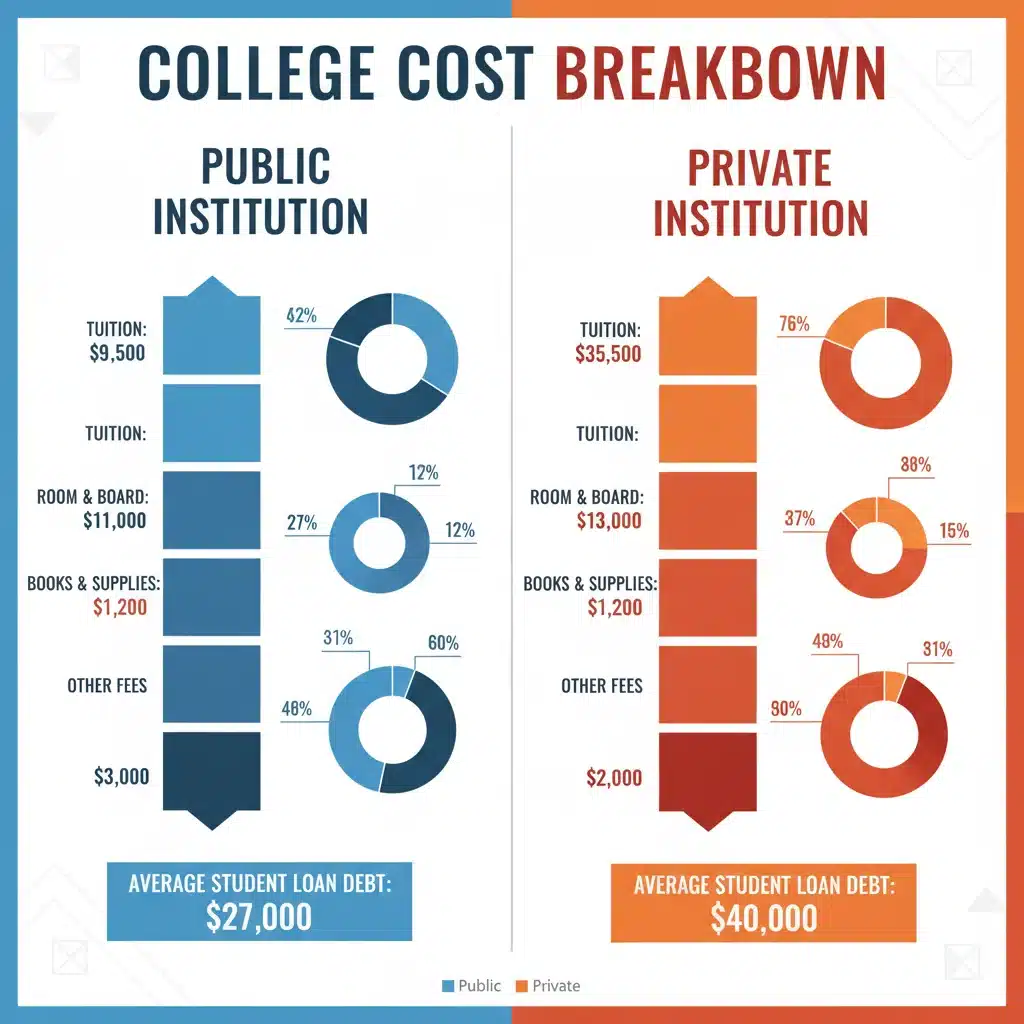 Infographic showing breakdown of public vs private university costs and student debt