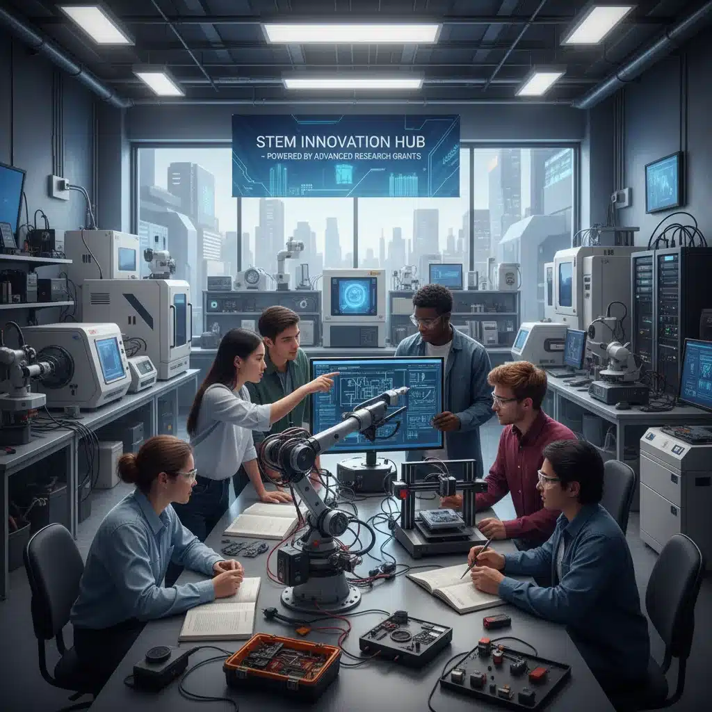 University students collaborating on an engineering project in a modern lab