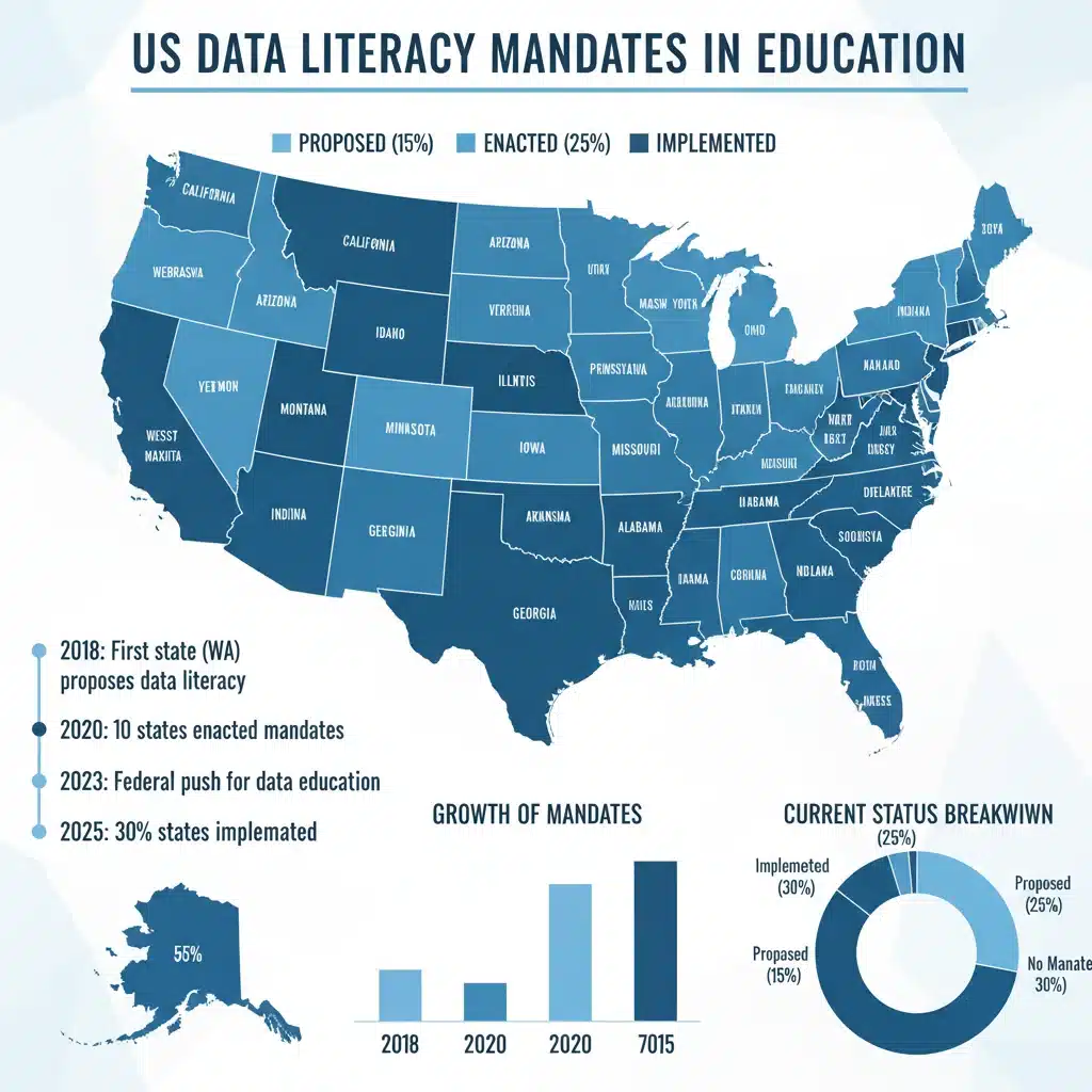 Infographic showing US states' progress in adopting data literacy mandates.