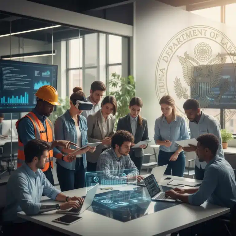 Diverse workforce collaborating, symbolizing US Department of Labor job growth initiatives
