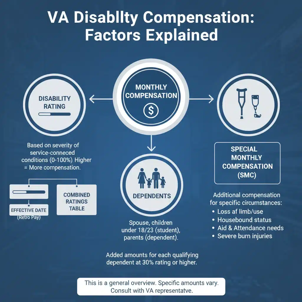 Infographic showing factors affecting VA disability compensation rates