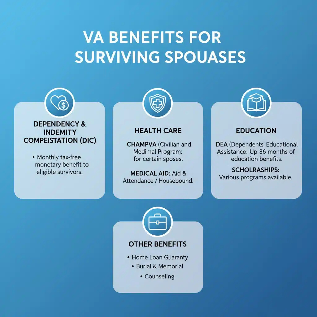 Infographic showing various VA benefits for surviving spouses