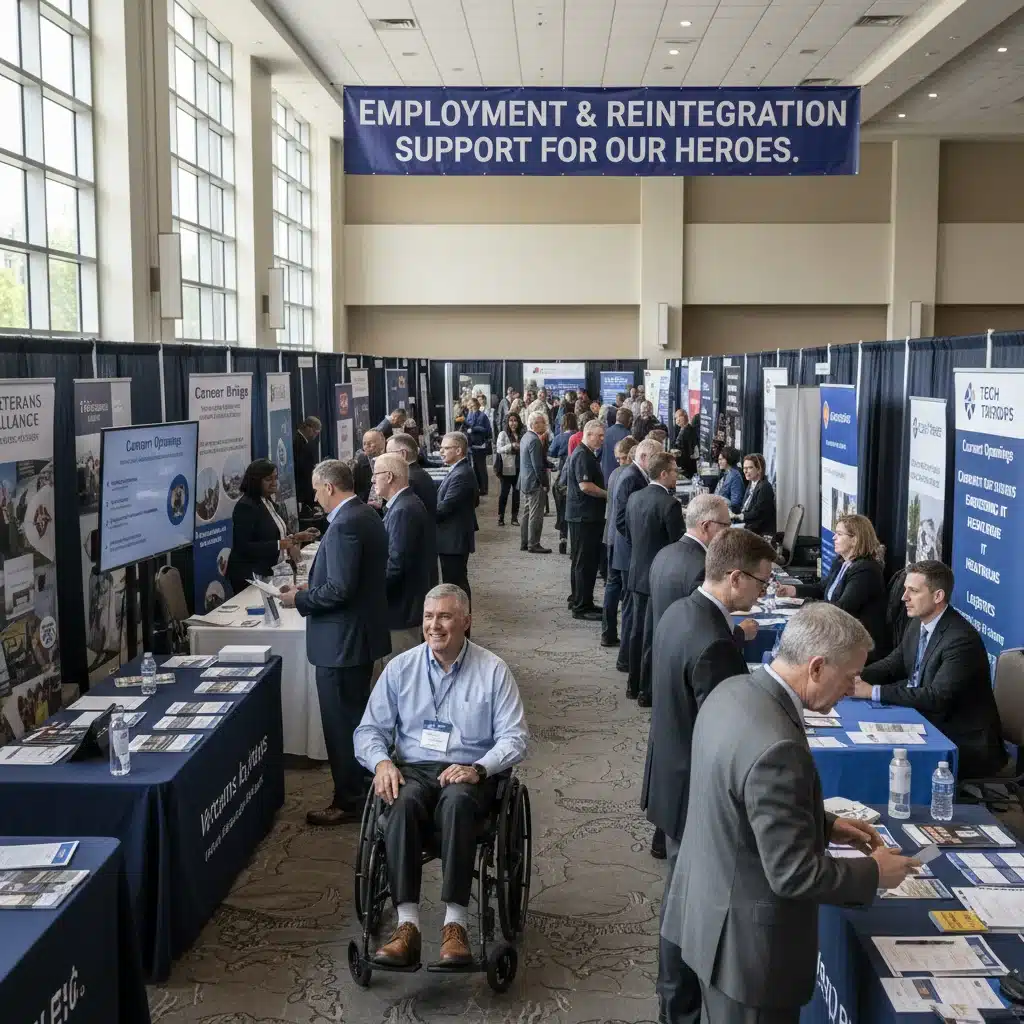 Veterans attending a career fair and networking with employers