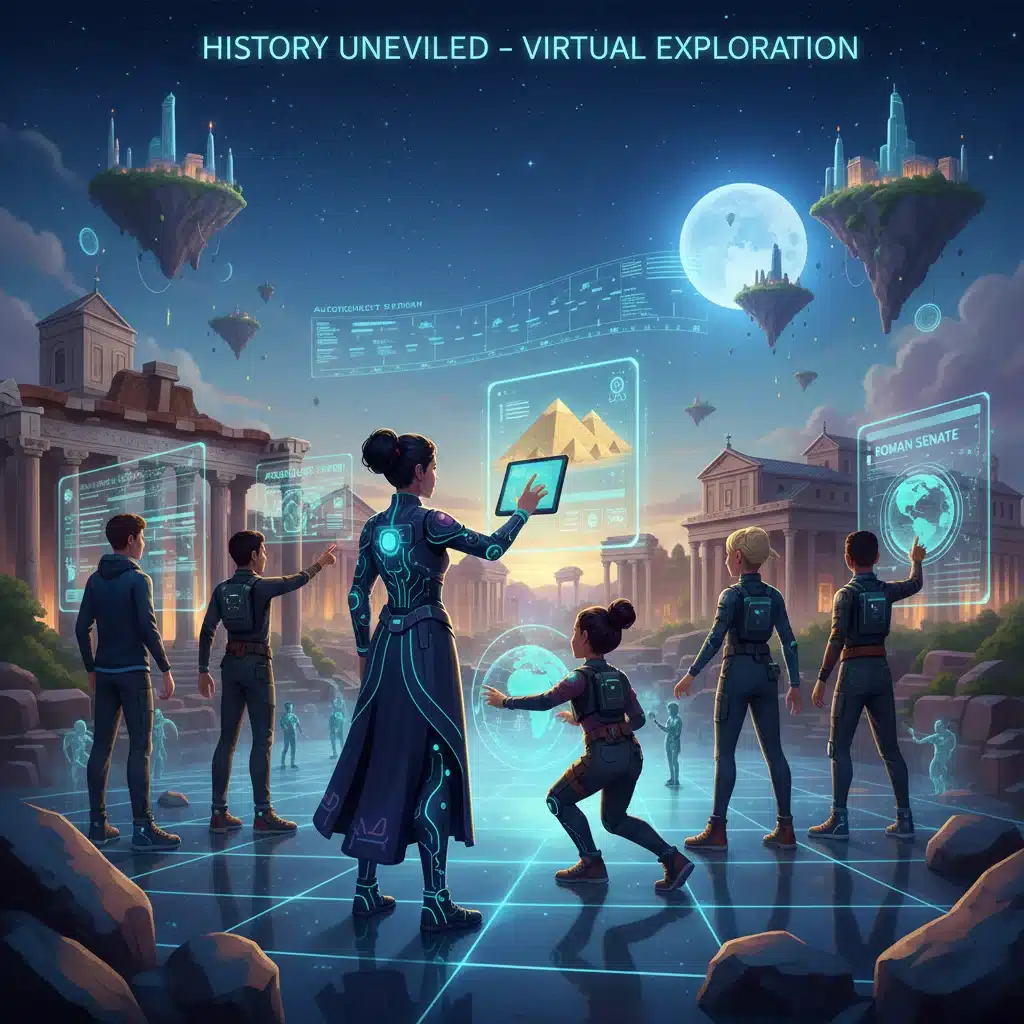 Educator and students exploring a virtual historical site in the metaverse.