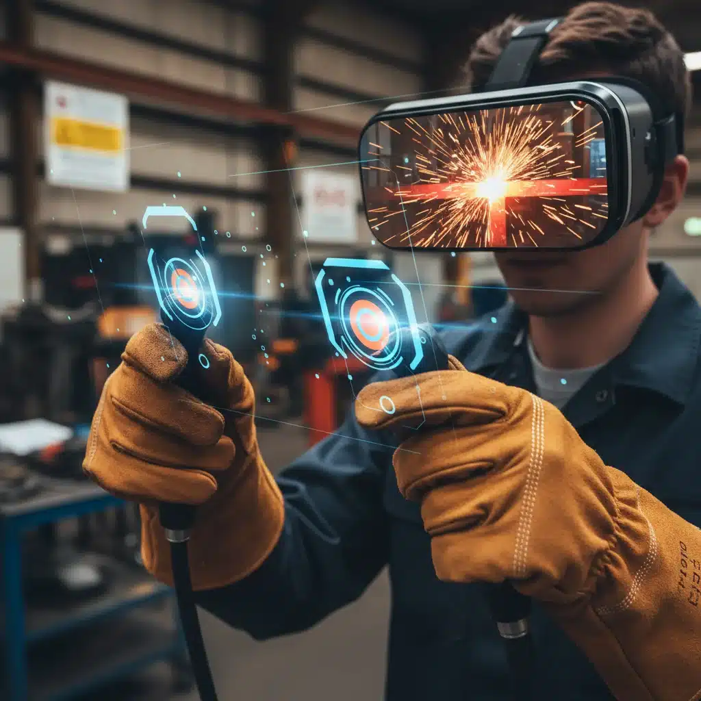 Student performing virtual welding in a VR simulation.