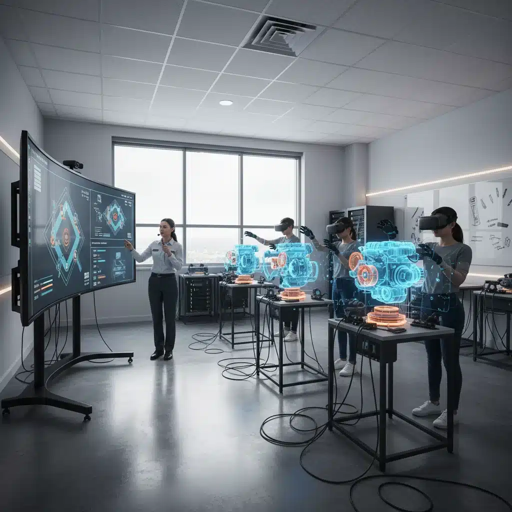 Instructor monitoring students in a VR maintenance training session.