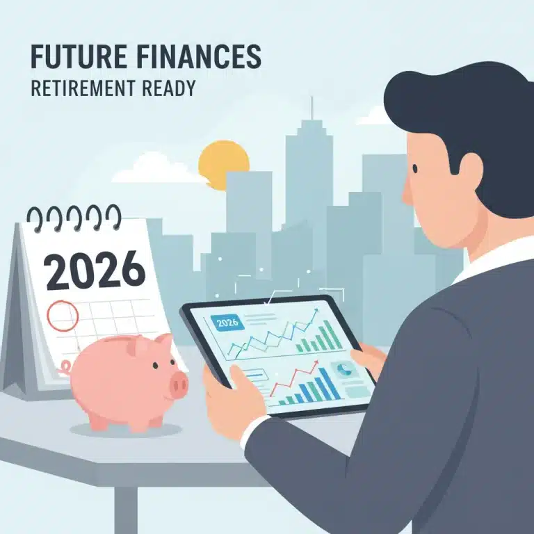 Person planning 2026 retirement contributions on tablet with piggy bank