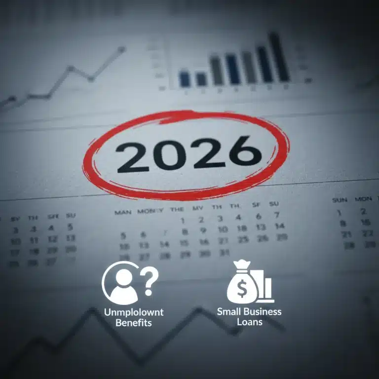 Calendar highlighting 2026 with icons for unemployment and small business loans, symbolizing the CARES Act sunset.
