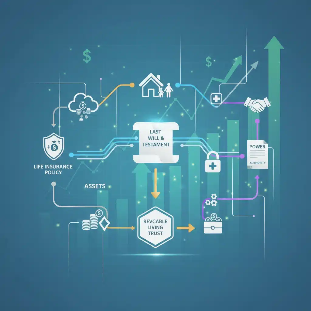 Visual representation of interconnected estate planning tools like trusts and wills.