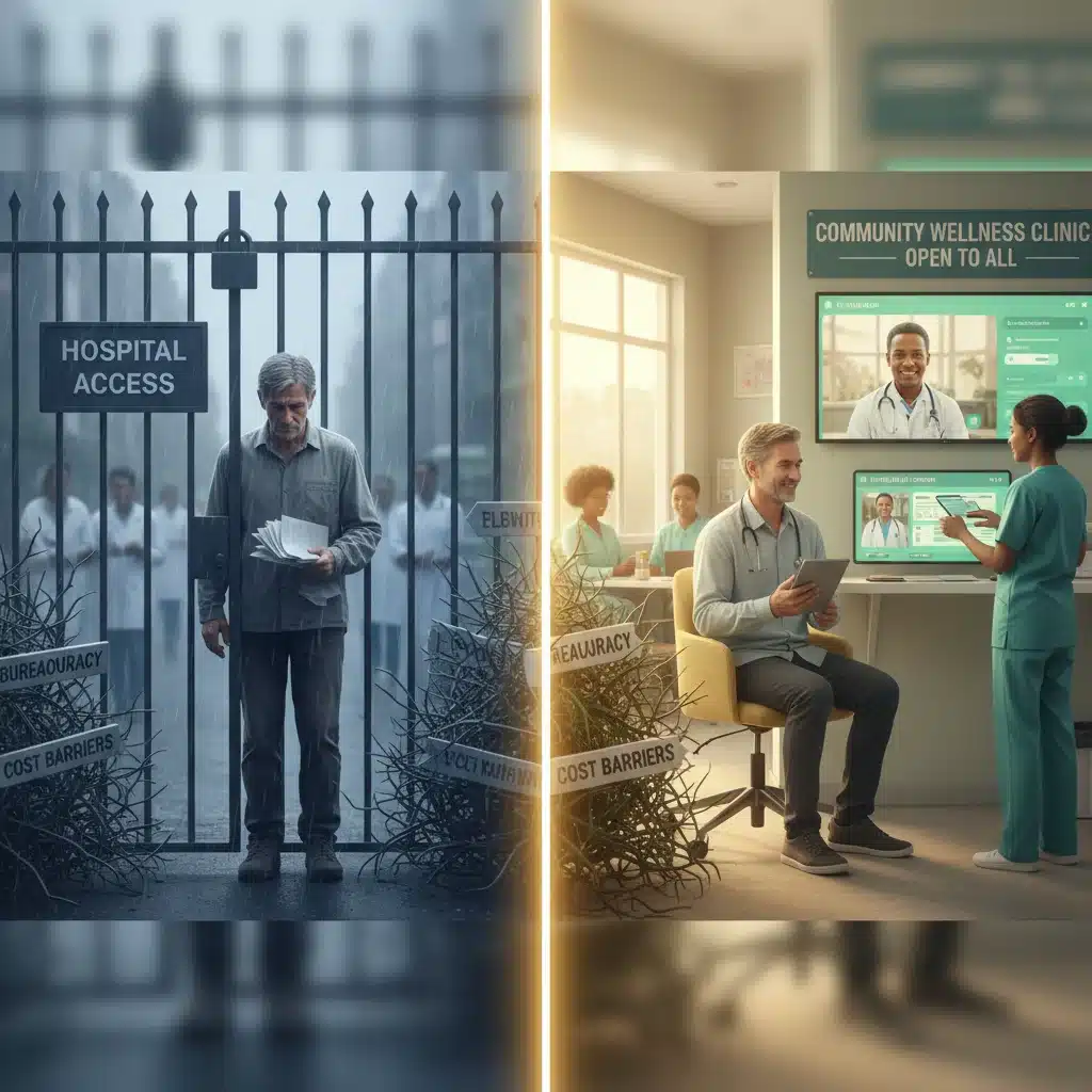 Contrasting images of difficult versus easy healthcare access, highlighting improved equity through new legislation.