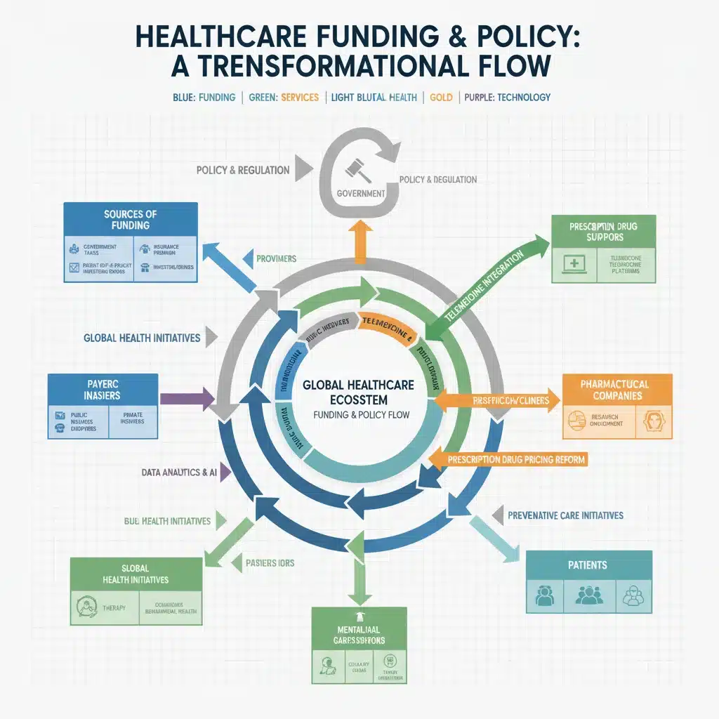 Infographic detailing complex healthcare funding and policy shifts, including telemedicine and prescription costs.
