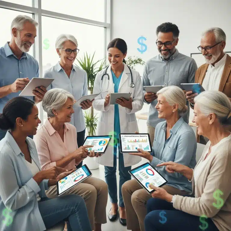 Happy seniors reviewing Medicare benefits with healthcare professional, symbolizing savings