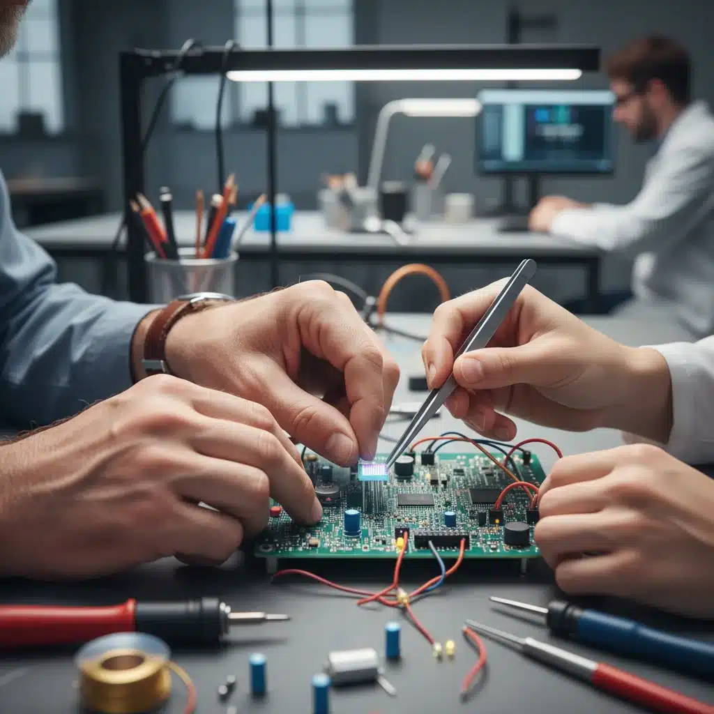 Mentor guiding an apprentice on a complex circuit board in a modern workshop.