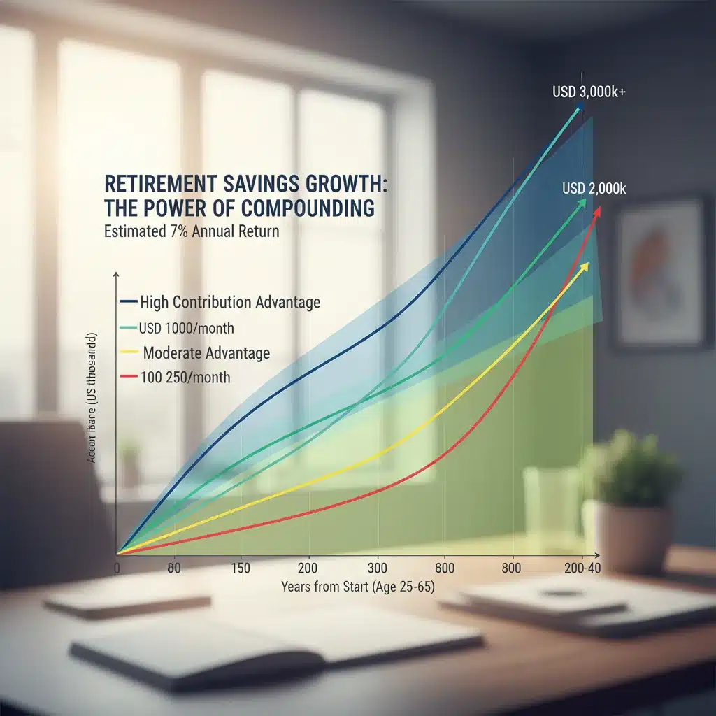 Chart illustrating long-term growth of retirement savings with compounding interest