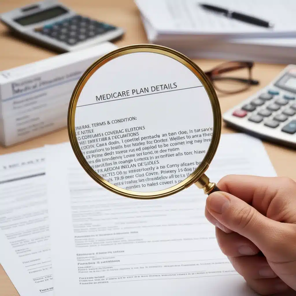 Magnifying glass over Medicare plan document, emphasizing careful review of terms
