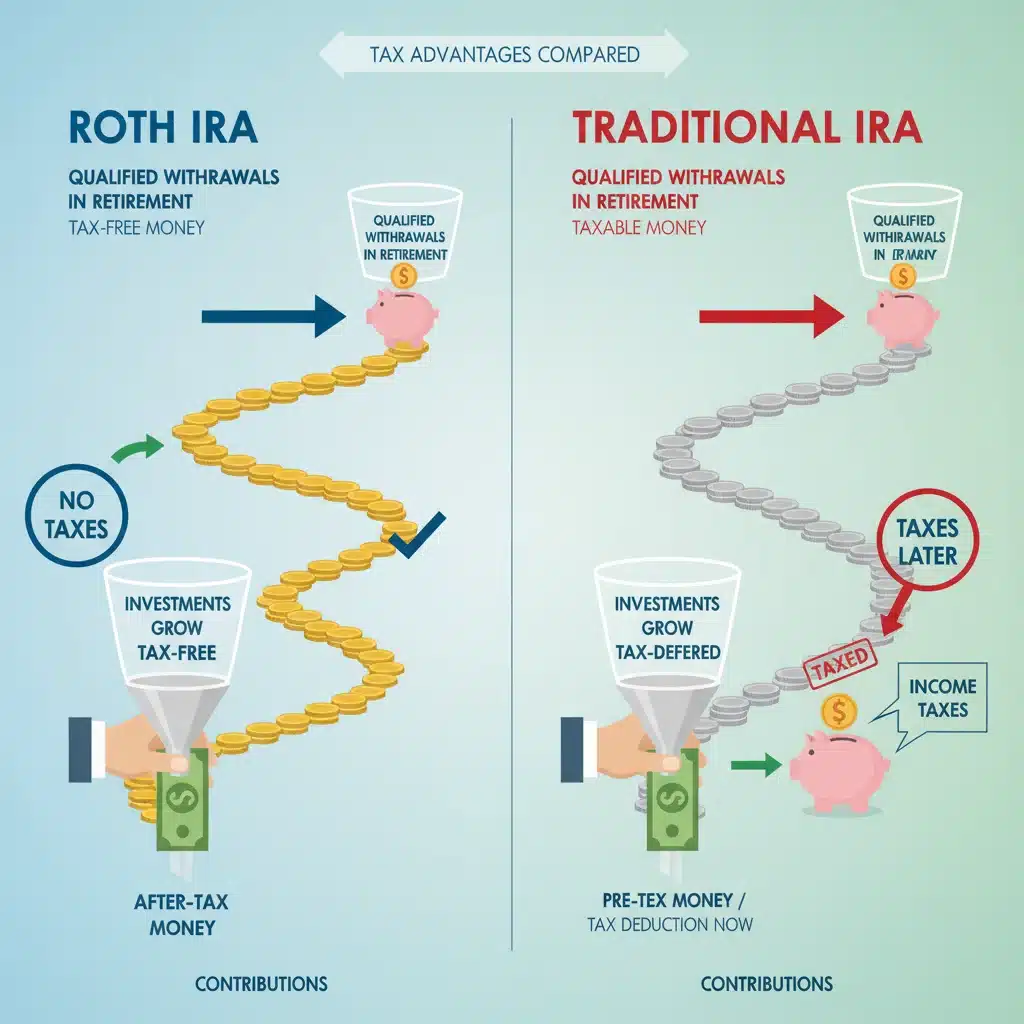 Comparison graphic of Roth IRA versus Traditional IRA tax benefits