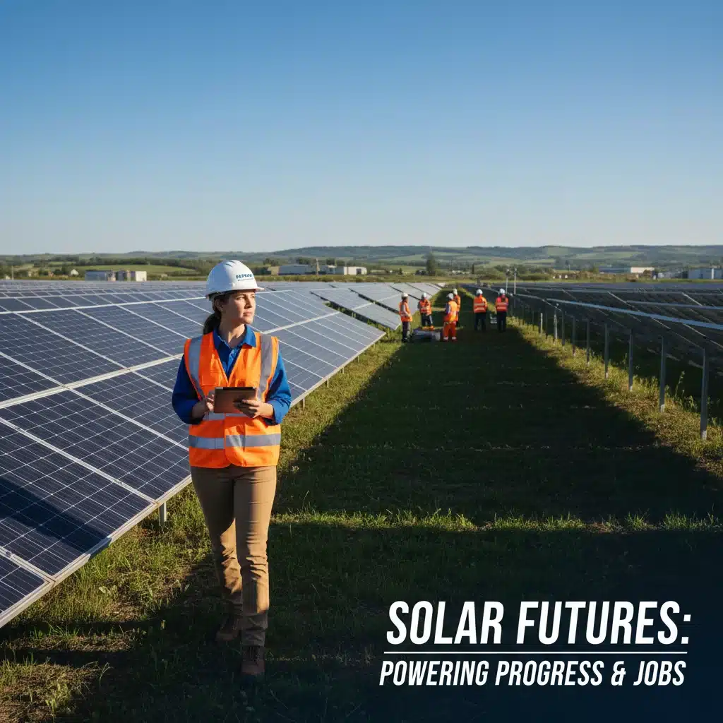 Solar energy engineer inspecting photovoltaic panels at a large solar farm