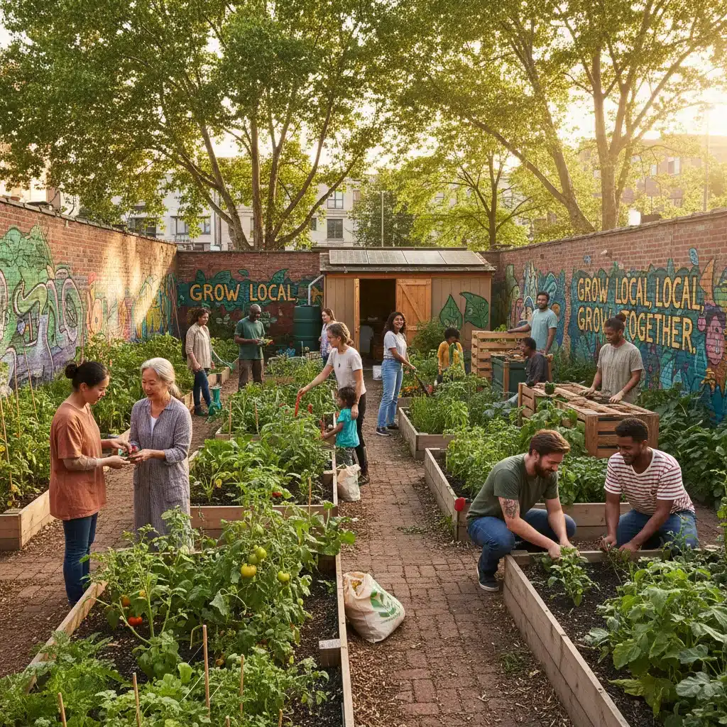 Diverse group of people working together in a sustainable community garden