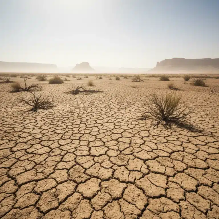 Severe drought conditions in the American West with cracked earth and dry vegetation.