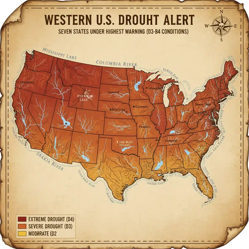 Map showing seven Western states under highest drought warning.